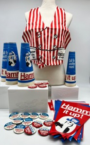 lot 292 image: Vintage HAMMS Beer Collectibles - Vest, Megaphones, Buttons and Pennant Banner - NOS