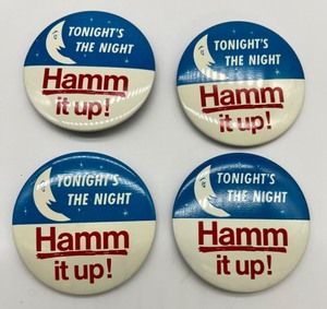lot 296 image: Vintage HAMMS Beer Pins - Tonights the Night - Hamm it up - New Old Stock - Qty 4.