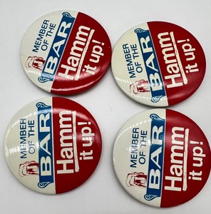 lot 297 image: Vintage HAMMS Beer Pins - Member of the Bar - Hamm it up - New Old Stock - Qty 4
