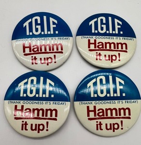 lot 298 image: Vintage HAMMS Beer Pins - T.G.I.F. - Hamm it up - New Old Stock - Qty 4