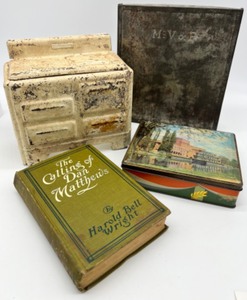 lot 260 image: Vintage Fun  Metal Stove, Tins and Book