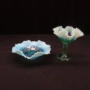 FENTON GREEN OPSALESENT COMPOTE AND A BLUE GLASS BOWL