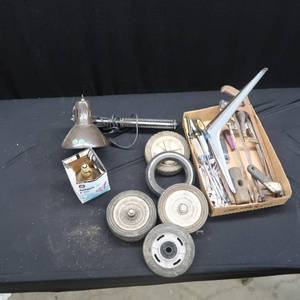 DESK LAMP, TOOLS, AND SMALL DOLLY WHEELS