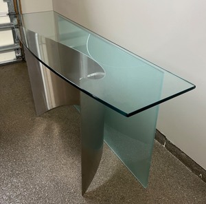 lot 9 image: Post Modern Frosted Aqua Glass Entry Table