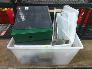 Bin of Various Sized 3 Ring Binders