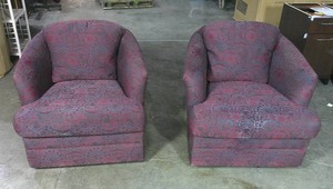 Eloquent Burgundy Patterned Swivel Barrel Love Seats-Some Fraying on the Backs