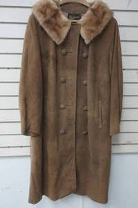 lot 256 image: Vintage suede coat with mink neck full length, Size unknown