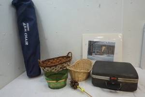 lot 290 image: Baskets, Vintage Typewriter, Folding Arm Chair ,picture print (only print)