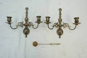 lot 148 image: Brass Wall Candle Holders and a Snuffer