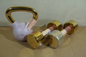 lot 131 image: 2 15lb Hand Weights with 15lb Kettle Ball