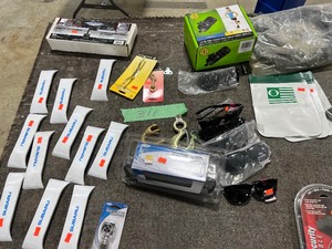 TABLE FULL OF WIRE CONNECTION EXTENSION CABLE FOR TRACTOR TO SEMI TRAILER, HYDRAULIC LINES, FISHING TRANSDUCER, TROLLING MOTOR MOUNT, & ANKLE WEIGHTS