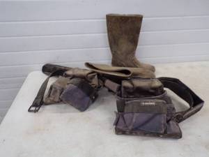 lot 35 image: Pair of Size 13 Rain Boots and Tool Belt