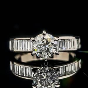1.79 Carat Diamond Round Brilliant Cut Solitaire & Baguette Channel Ring in 18k White Gold $5,500 Retail VIDEO