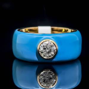Brand New 0.50 Carat Diamond Round Brilliant Bezel Solitaire & Rich Baby Blue Enamel Ring in 14k Yellow Gold - wAppraisal Report $8,390 VIDEO