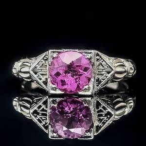 Antique Estate Pink Gem Filigree Art Deco Milgrain Solitaire Ring in 18k White Gold $1,825 Retail