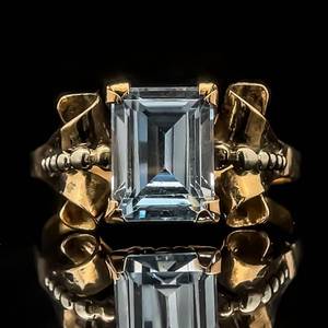Vintage Estate Aqua & Diamond Scrolling Ribbon Bead-Ball Vintage Ring in 14k Yellow Gold $1,799 Retail