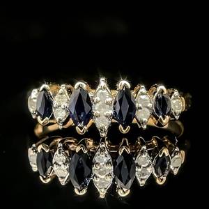 Marquise Natural Blue Sapphire & Diamond Single Row Cluster Ring in 14k Yellow Gold $1,450 Retail
