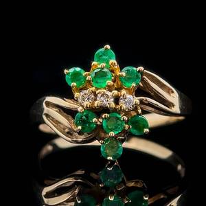 Natural Emerald & Diamond Flower Cluster Triple Split Shank Ring in Yellow Gold