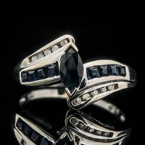 Elegant Marquise Natural Blue Sapphire & Diamond Double Channel Bypass Ring in White Gold $1,299 Retail