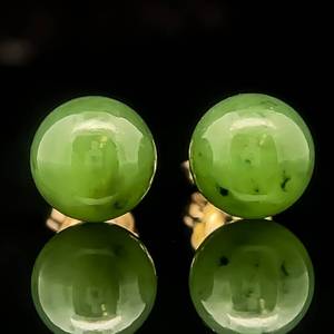 Mossy Green Jade Round Buffed Bead Stud Earrings w 14k Yellow Gold