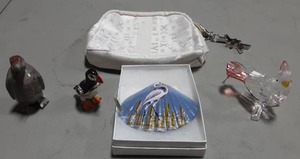 Stone Penguin (Peru), Jeweled Puffin Trinket Box, Painted Egret Shell, Cardinal Figurine, Pouch