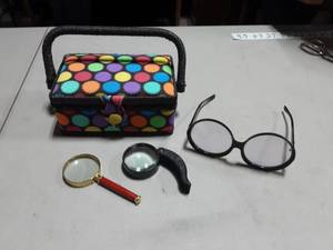 Sewing Basket With Notions, Glasses & Magnifier