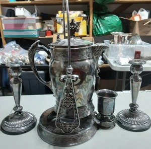 Pair Of 10 Candle Sticks & Silver Plate Server & Cup