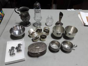 Pewter & Other Metal Wares, Pair Of Seahorse Salt & Pepper Shakers, Napkin Rings, Cream & Sugar, Trinket Box, More