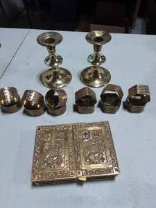 Brass Candle Sticks, Napkin Rings, Heavy Box For Decks Of Cards