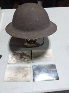 Antique WW1 Military Helmet With Liner & Old Postcards