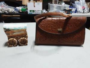 Leather Tooled Purse 12x6x7 & Covered Wagon Night Light-Hand Made