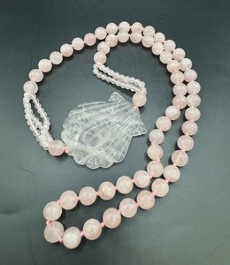 Pink Quartz Necklace with Carved Shell