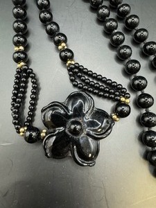 Black Glass Bead Necklace with Center Flower