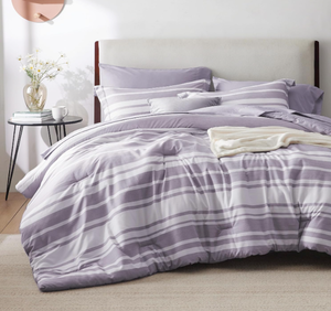lot 261 image: Bedsure Bed in a Bag King Size 7 Pieces, Purple White Striped Bedding