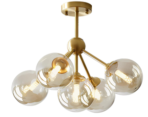 lot 262 image: KCO Lighting 5-Light Amber Glass Globe Chandelier Brush Gold Semi Flush Mount Ceiling Light