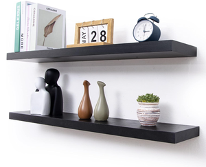 lot 138 image: Black Floating Shelves, 36 Inch Solid Wood Wall Shelves Set of 2
