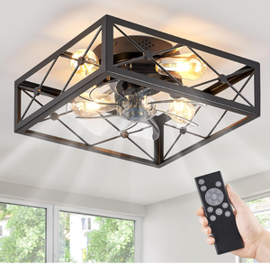 lot 277 image: LEDIARY 22 Caged Flush Mount Ceiling Fans with Lights and Remote, Black Square Low Profile Ceiling Fan