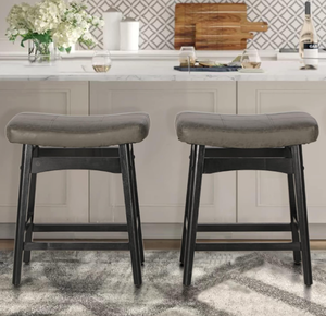 lot 83 image: ALPHA HOME Bar Stools Set of 2, Solid Wood Saddle Kitchen Stools with Grey PU Leather Cushion