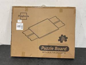 lot 582 image: Playboda 1500 Pieces Rotating Plastic Puzzle Board with Drawers and Cover, 35x27