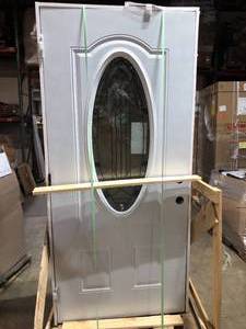 36 in. x 80 in. Chatham 34 Oval-Lite Right-Hand Outswing Primed Steel Prehung Front Exterior Door by Masonite  Customer Returns See Pictures