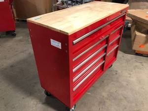 Husky 42 in. W x 18.1 in. D 8-Drawer Red Mobile Workbench Cabinet with Solid Wood Top No Keys  Customer Returns See Pictures
