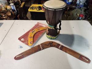 lot 5 image: Handpainted Drum (Measuring 12H) and 2 Handpainted Boomerangs (Measuring 20 and 11)