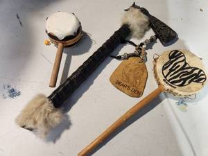 lot 6 image: Souvenier Tomahawk and Native RattlesHand Drums