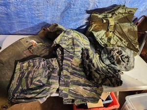 lot 113 image: Lot of Vintage Military Duffle Bags and Tigerstripe Camouflage Jacket, Pants, and Hat