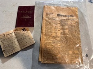 lot 311 image: Vintage Minneapolis Tribune Paper Vol. 1 Dated May 25, 1867, War Rations Book, and Pocket Declaration of Independence