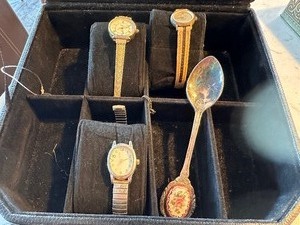 lot 353 image: Locking Jewelry Box with Three Vintage Watches and Decorative Spoon