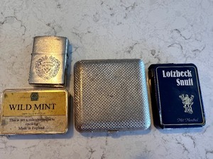 lot 238 image: Wild Mint Tin, Lotzheck Snuff Box, Cigarette Case, & Thunderbird Third Battalion Marines Lighter