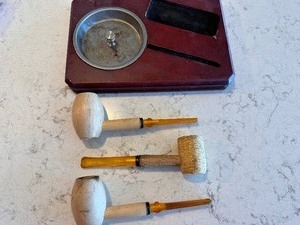 lot 242 image: Three Tobacco Pipes 2 Missouri Hardwood Pipes, Corncob Pipe, and Pipe Tray