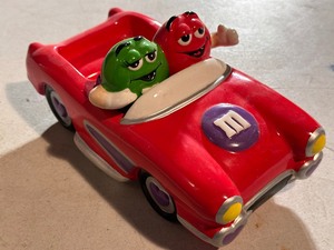 lot 104B image: M&Ms Red with Silver Trim Ceramic Red Convertible Candy & Nut Dish