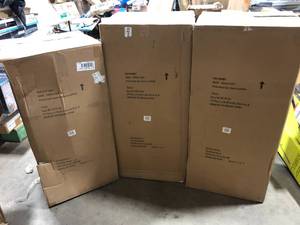 lot 29 image: Lot of 3 Home Decorators Collection Mavery Patina Oak Finish Cross Back Bar Stool with Woven Rattan Seat  Customer Returns See Pictures